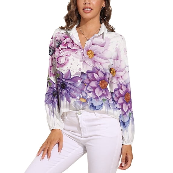 Watercolor Purple Floral Butterfly Spring Long Sleeve Blouse Woman Streetwear Casual Shirts Summer Oversize Woman Streetwear Clothing Birthday Present