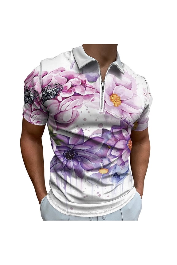 Watercolor Purple Floral Butterfly Spring Men Zipper T-shirt Summer Casual Short Sleeve T-shirt Top