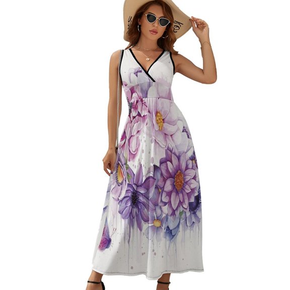 Watercolor Purple Floral Butterfly Spring Sleeveless Dress Dresses Women Summer Evening Dresses Ladies Bohemia Long Dresses