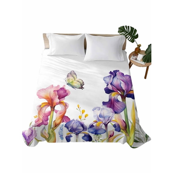 Watercolor Purple Floral, Flat Sheets Only King Size, Soft Breathable Bed Top Sheets for Mattress, Flower Leaves Hearb White Luxury Bedding Flat Sheets for Home Hotel Bedroom Bed Protection