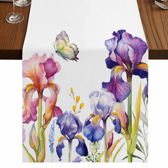 Watercolor Purple Floral,Short Table Runner 36 Inches Long,Flower Leaves Hearb White Cotton Linen Table Runners Dresser Scarves,Tabletop Scarf Furniture Cover for Home Dinner Party Decor 13"x36"