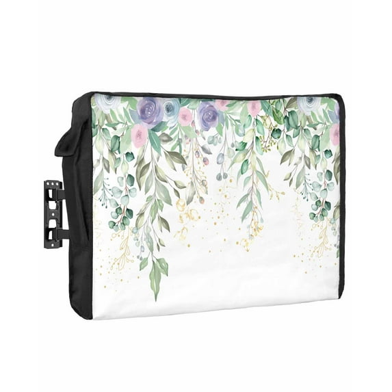 Watercolor Purple Flowers Eucalyptus Leaves Outdoor Tv Cover 80"-85" Waterproof And Weatherproof Tv Covers Tv Display Protectors For Outside Flat Screen Tv