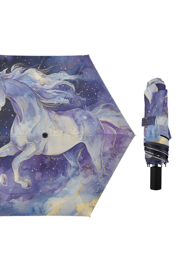Watercolor Purple Horse Running All Weather Umbrella Triple Folding Parasol 6 Ribs UV Protection Portable
