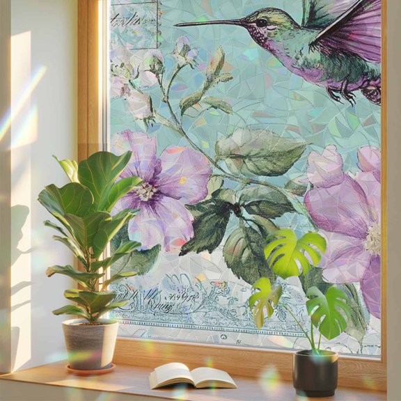 Watercolor Purple Kingfisher Butterfly on Letter Window Privacy Film, Rainbow Film Decorative Window Sticker 17.7x39.3in, Spring Flower Sun Blocking Static Stained Glass Cling Tint Non-Adhesive