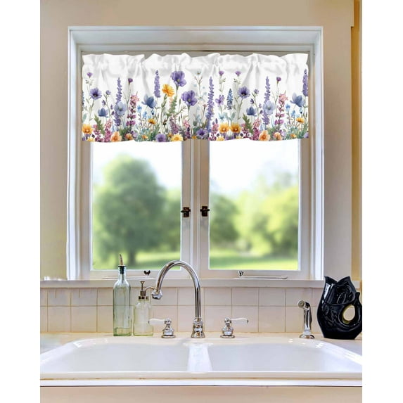 Watercolor Purple Lavender Flower Window Valances for Kitchen,Rod Pocket Valance Privacy Small Curtain,Yellow Daisy Floral on White Window Treatment Drapes for Bedroom Laundry Room Farmhouse Home
