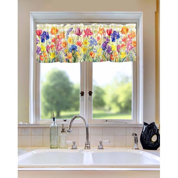 Watercolor Purple Pink Floral Window Valances for Kitchen,Rod Pocket Valance Privacy Small Curtain,Pastoral Flower on Yellow Plaid Window Treatment Drapes for Bedroom Laundry Room Farmhouse Home