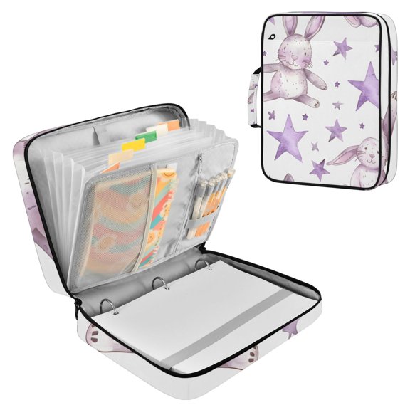 Watercolor Purple Rabbits and Stars Accordion File Organizer Expanding File Folder 3-Ring Binder Bag 500 Sheets A4 Size