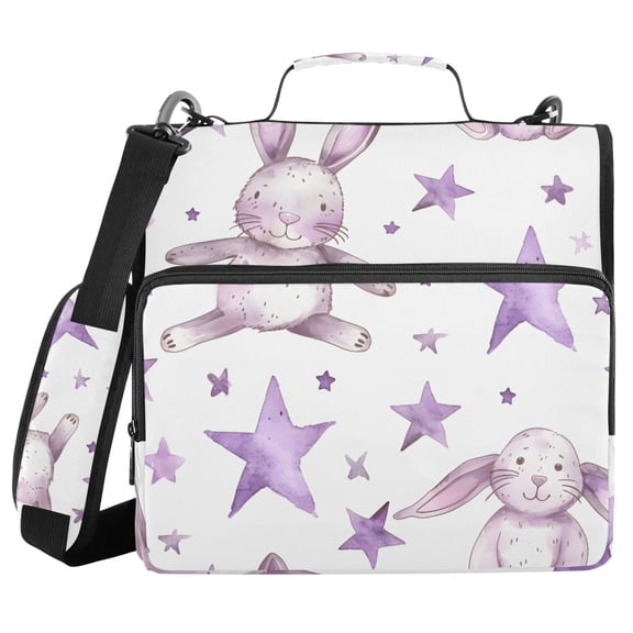 Watercolor Purple Rabbits and Stars Binder Bag with Shoulder Strap 3 Ring Zipper Binder File Folder Document Storage