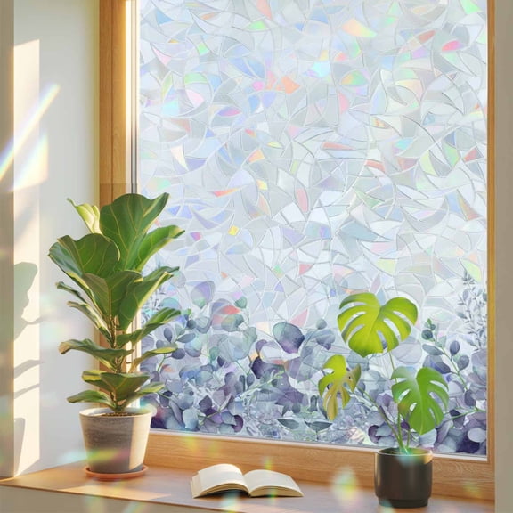 Watercolor Purple Teal Eucalyptus Leaves on The Top Window Privacy Film, Rainbow Film Decorative Window Sticker 17.7x39.3in, Spring Foliage Sun Blocking Static Stained Glass Cling Tint Non-Adhesive