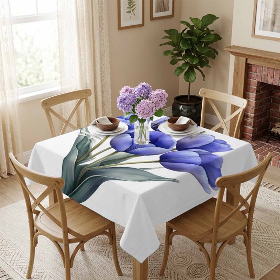Watercolor Purple Tulip Square Tablecloth 54x54 Inch Flowers Leaf Waterproof Polyester Tablecloth for Dining Table, Washable Table Cover for Kitchen Dining Room Wedding Decoration,Stain Resistant