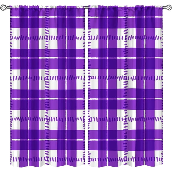 Watercolor Purple White Check Rod Pocket Curtain 2 Panels, Geometric Patches Graffiti Blackout Curtains for Living Room Bedroom, Machine Washable Window Treatments for Dining Kitchen-W42xL63in
