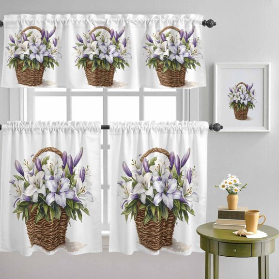 Watercolor Purple White Lily Brown Basket Curtain Tier and Valance Set 3 Piece, Spring Floral 3-inch Rod Pocket Window Tier Curtains Valance for Kitchen Living Room