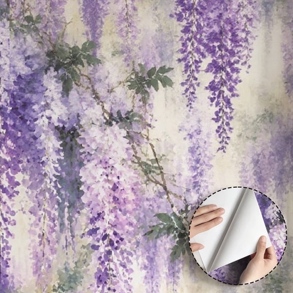 Watercolor Purple Wisteria Floral Wallpaper, Boho Vintage Floral peel and stick wallpaper, waterproof, Wall Decoration for Bedroom, Living Room, Bathroom, Dorm Room, Office [17.7 * 118 in]
