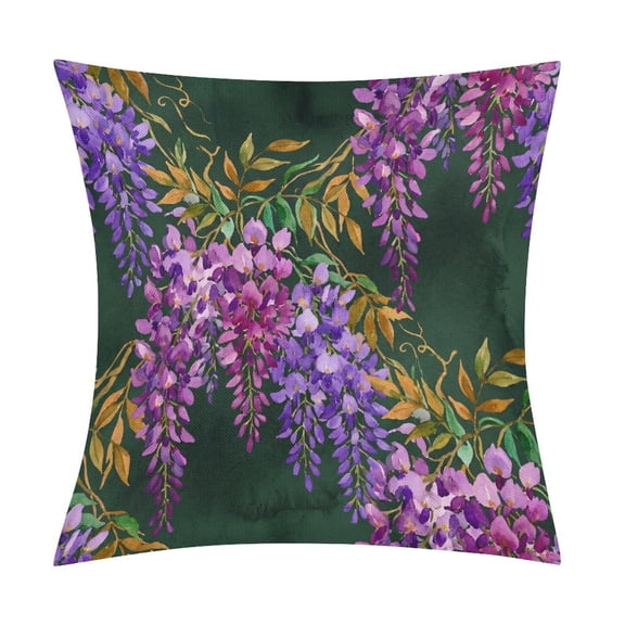 Watercolor Purple Wisteria in Dark GreenSet of 2 Faux Linen Throw Pillow Covers, Soft & Breathable Polyester Cushion Cases