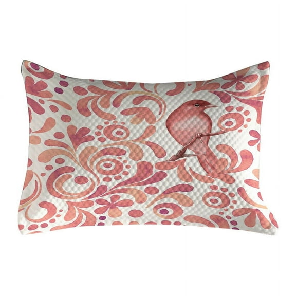 Watercolor Quilted Pillowcover, Bird on Tree Branch Floral Swirls Curves Little Dots Wildlife, Standard King Size Accent Pillow Cover for Bedroom, 36" x 20", Coral Dried Rose White, by Ambesonne