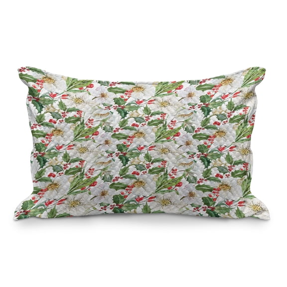 Watercolor Quilted Pillowcover, Christmas Themed Floral Poinsettia Berries Winter Inspirations Leaf, Standard King Size Accent Pillow Cover for Bedroom, 36" x 20", Vermilion Yellow Green, by Ambesonne