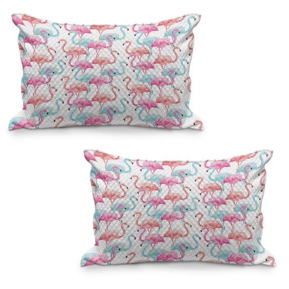 Watercolor Quilted Pillowcover Set of 2, Flamingos in Many Colors Hand Drawn Bird Exotic Animals Illustration, Standard Queen Size Pillow Cover Bedroom, 30" x 20", Pale Blue Salmon Pink, by Ambesonne