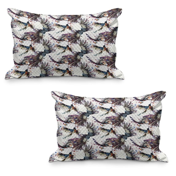 Watercolor Quilted Pillowcover Set of 2, Lilly Flower Pattern with Flying Birds Fauna and Flora Abstract Animal Imagery, Standard Queen Size Pillow Cover Bedroom, 30" x 20", Multicolor, by Ambesonne