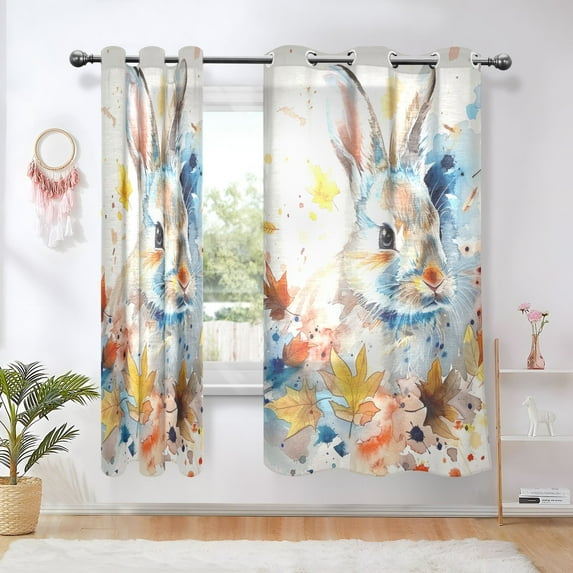 Watercolor Rabbit Leaves Blackout Curtains 63 inch Length 2 Panels Window Decoration Curtains for Bedroom Living Room