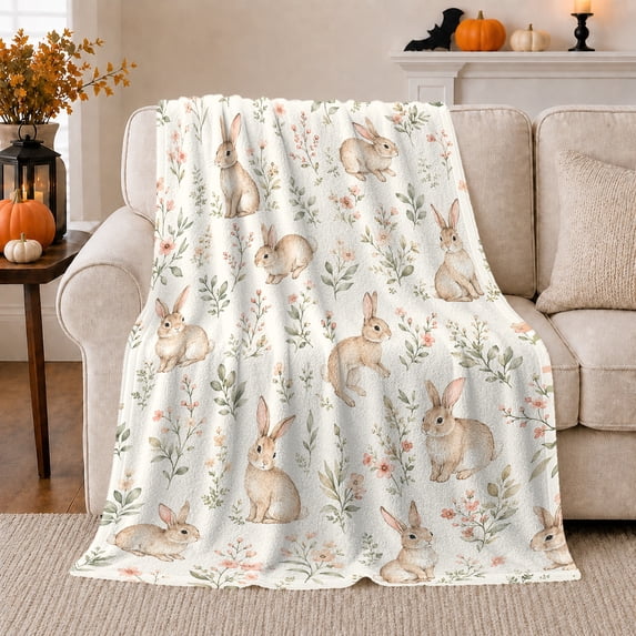 Watercolor Rabbits Botanical, Festive Botanical Garden Scene, Warm Flannel Blanket for Sunroom and Reading Nook, Wildlife Lovers Housewarming Gift, Botanical Home Decor