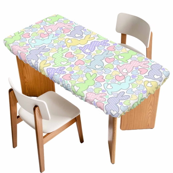 Watercolor Rabbits Table Cloths for 6 Foot Rectangle Tables, Spring Easter Love Rabbits Polka Dots Patio Waterproof Elastic Fitted Tablecloths, Washable Rectangular Table Cover for Camping