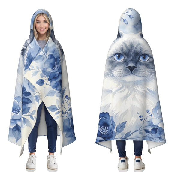 Watercolor Ragdoll Cat Wearable Blanket Hoodies for Women Men Adults Cat Lovers Warm Lightweight Blue Roses Cute Ragdoll Cats Hooded Blankets for Couch Bed Decor Birthday Gifts 50x60 Inch