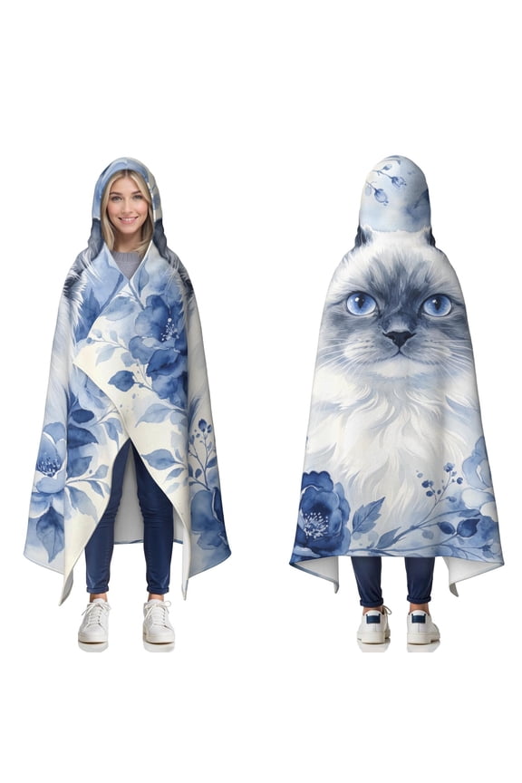 Watercolor Ragdoll Cat Wearable Blanket Hoodies for Women Men Adults Cat Lovers Warm Lightweight Blue Roses Cute Ragdoll Cats Hooded Blankets for Couch Bed Decor Birthday Gifts 50x60 Inch