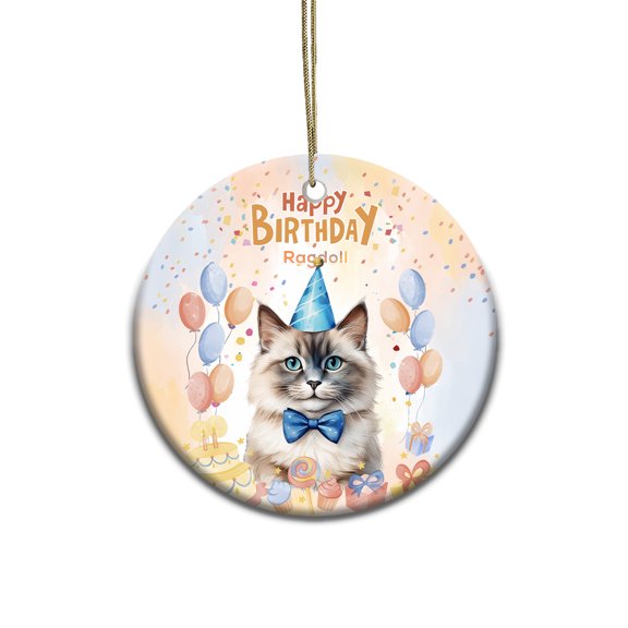Watercolor Ragdoll Happy Birthday Celebration Balloons Gift Party Ceramic Round Ornament Cat Lover Kitten Owner Gifts Idea Home Tree Decor - 00028