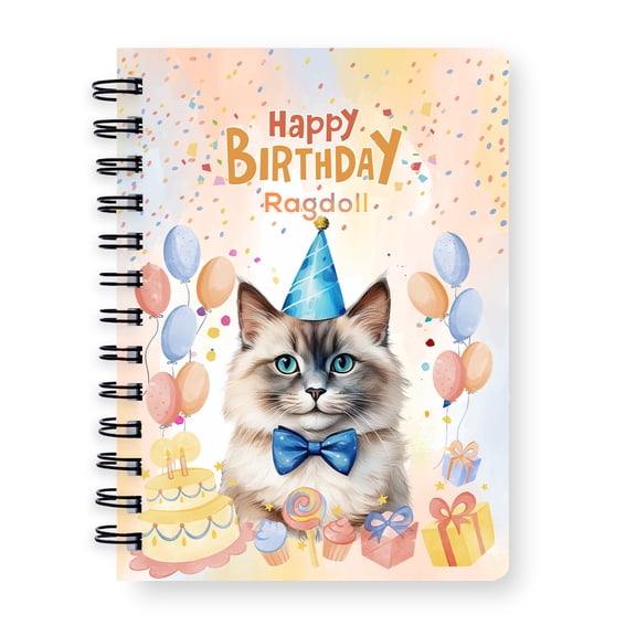 Watercolor Ragdoll Happy Birthday Celebration Balloons Gift Party Spiral Bound Journal Cat Lover Kitten Owner Gifts Idea 5x7in Spiral Notebook - 00028