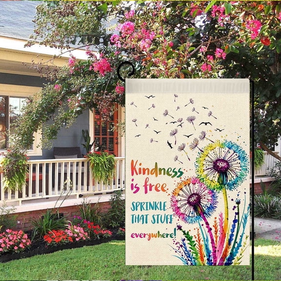 Watercolor Rainbow Dandelion Kindness Is Free Inspirational Double Sided 2D Flat Printed Garden Flag, 12x18 Inches Pole Not Included, Spring Summer Outdoor Party Yard Gift