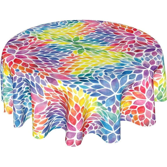 Watercolor Rainbow Floral Table Cloth - Flowers Tablecloth Colorful Flower Table Cover Round Plant Blossom Circle Table Clothes 60 Inch for Picnic Party Dining Room