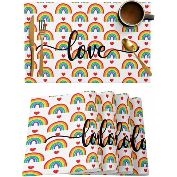 Watercolor Rainbow Placemats Set of 4, Washable Woven Burlap Cloth Fabric Placemat for Square/Rectangle/Round/Oval Dining Table, Easy Clean Place Mats for Toddlers, Kids Geometric Stripes Love Heart