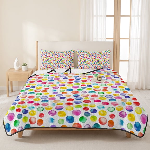 Watercolor Rainbow Polka Dots 3 Pieces Quilt Set,1 Quilt with 2 Shams,Colorful Pattern Bedspread Soft Lightweight Bedding Coverlet Comforter Set for All Season 96"x106"