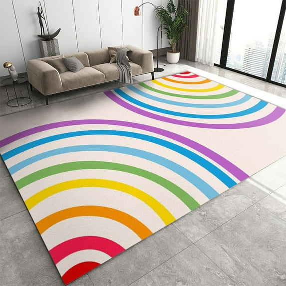 Watercolor Rainbow Stripes Area Rug Medieval Art Large Indoor Carpet, with Non-Slip Backing Bohemian Washable Rugs for Bedroom Kids Room Home Decor 4x6ft