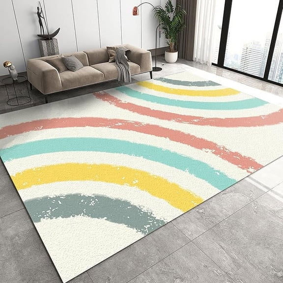 Watercolor Rainbow Stripes Area Rug, Retro Minimalism Printed Rugs, Small Carpet Noise Reduction Soft Comfortable Breathable For Living Room Bedroom Study Office 5 x 6ft