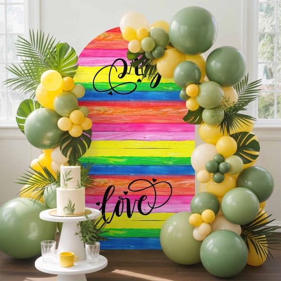 Watercolor Rainbow Wooden Plank Arch Backdrop Cover Stretchy Spandex Arch Cover 6ft, Love Quote on Colorful Ombre Round Top Chiara Stand Covers for Wedding Birthday Party Ceremony Banquet