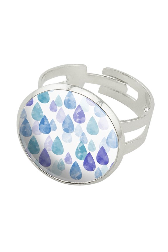 Watercolor Raindrops Pattern Silver Plated Adjustable Novelty Ring