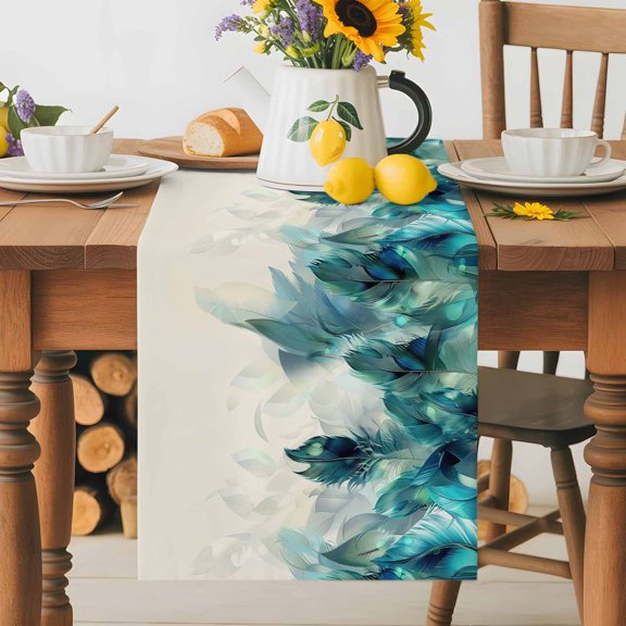 Watercolor Realistic Peacock Feathers Table Runner 72 Inches Long, Teal Art Table Runners Tabletop Scarf Kitchen Dining Tables Decoration for Home Party Indoor Outdoor