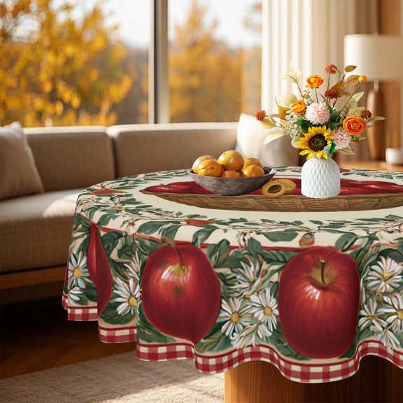 Watercolor Red Apple Wicker Basket Print Round Tablecloth, Outdoor Home Rustic Holiday Dining Decor, Thanksgiving Christmas Gift
