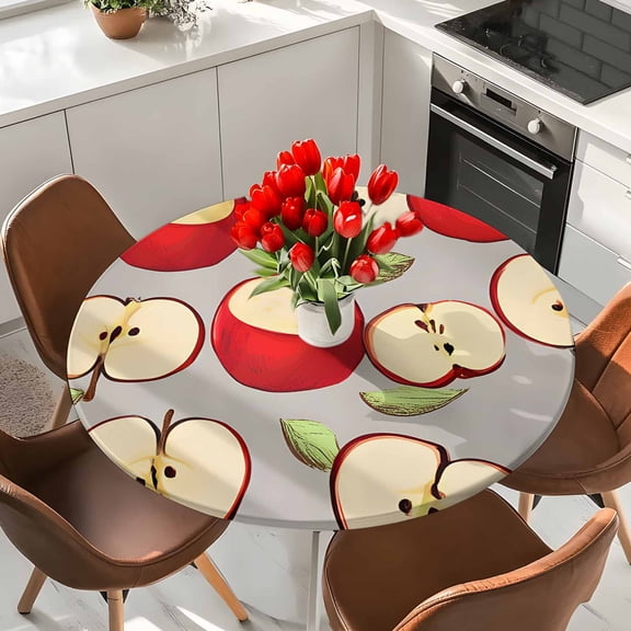 Watercolor Red Apples Round Fitted Tablecloth with Elastic Edge,Waterproof Table Cloth Fits Tables Up to 36"-44",Wipeable Washable Table Cover for Indoor Outdoor Dinning Party,Country Fruits