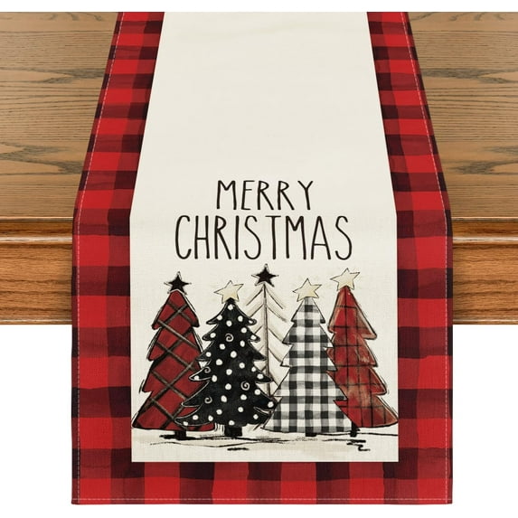 Watercolor Red and Black Buffalo Plaid Christmas Trees Merry Xmas Table Runner, Seasonal Winter Holiday Kitchen Dining Table Decoration for Indoor Outdoor Home Party Decor 13 x 60 Inch