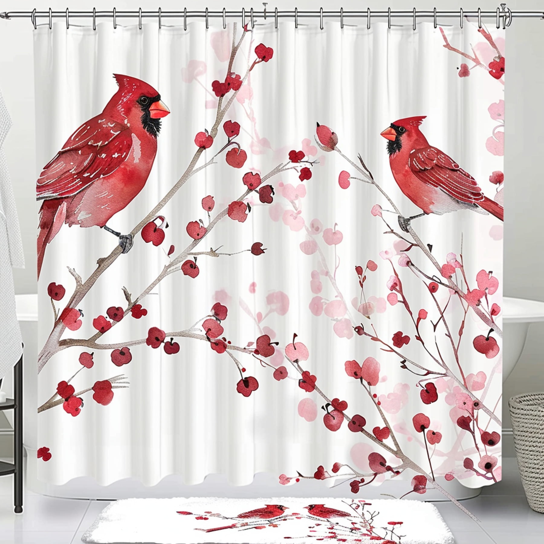 Watercolor Red Cardinals Bathroom Set Shower Curtain & Floor with