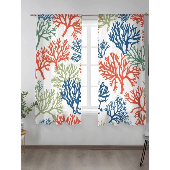 Watercolor Red Coral Chiffon Sheer Curtains 72 Inches Long, Underwater Garden 2 Rod Pocket Window Treatment Voile Drapes Curtains for Living Room Bedroom,2 Panels, 52x72In