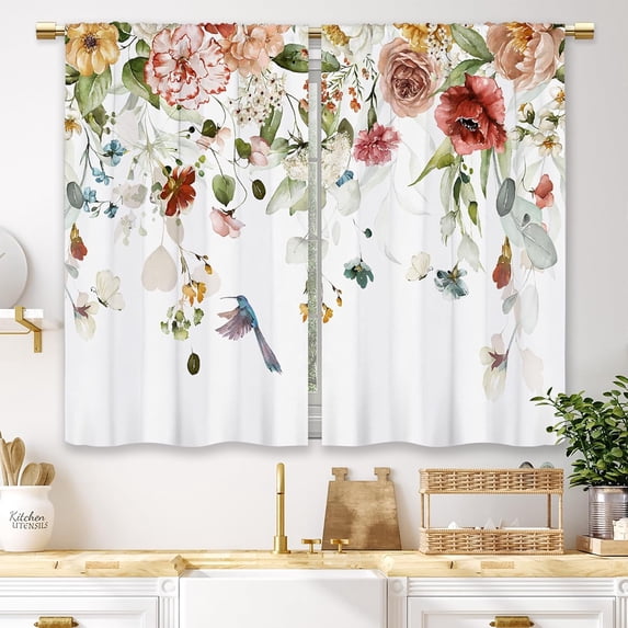 Watercolor Red Floral Kitchen Curtains Flower Plant Small Short Cafe Window Curtains Rustic Colorful Wildflower Hummingbird Blossom Spring Rod Pocket Tier Window Treatment Drapes (26x36 Inch)