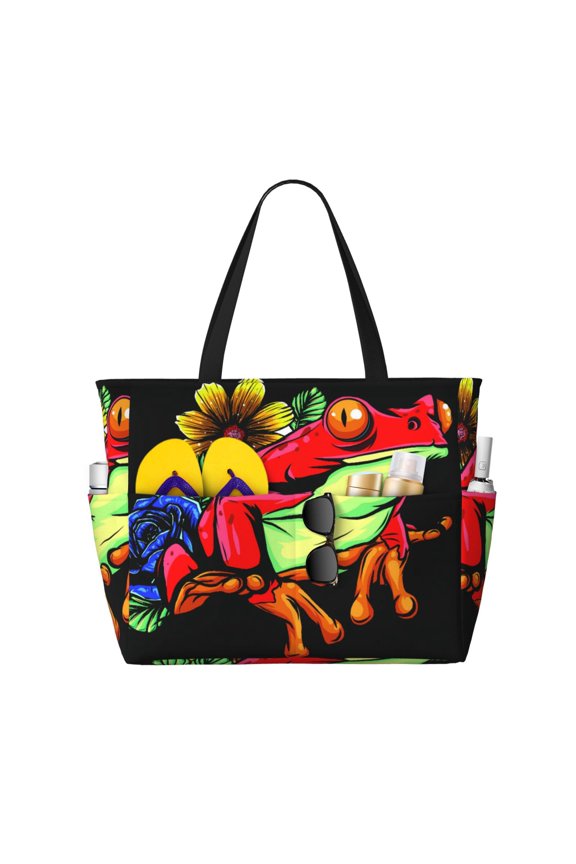 Watercolor Red Frog With Flower Large Capacity Beach Travel Tote Bag Shoulder Handbag for Gym Camping Shopping