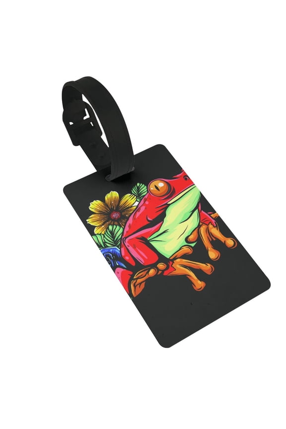 Watercolor Red Frog With Flower Luggage Tags Suitcases ID Baggage Identifier Card Name Tag for Travel Backpacks Gym Bags