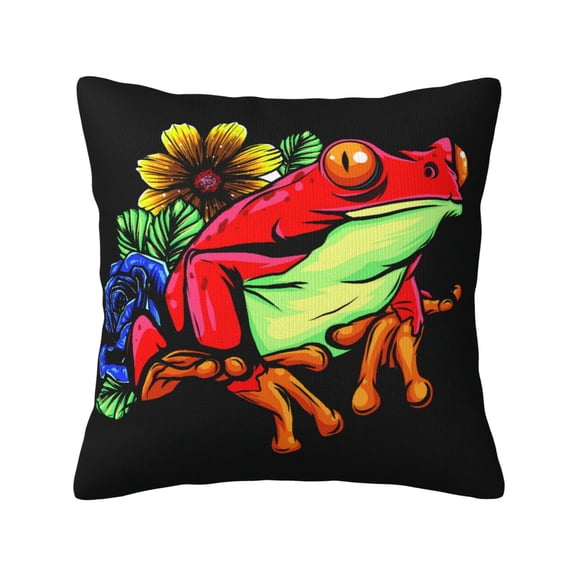 Watercolor Red Frog With Flower Throw Pillow Covers 18x18 Inch Decorative Case Cushion Pillowcase for Couch Sofa Bed Bedroom Living Room
