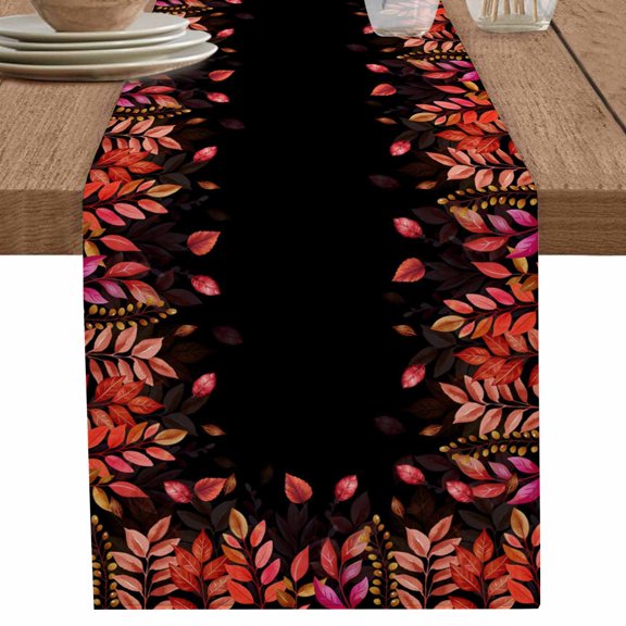 Watercolor Red Leaves on Black Table Runner-36 Inch Long Summer Abstract Plant Table Runners Linen Burlap Tablerunner for Kitchen Dining Room Holiday Party
