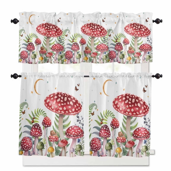Watercolor Red Mushroom Kitchen Curtains Valances and Tiers Set of 3, 24 Inch Length Tier Curtains and Valance Rod Pocket Valance Curtains Set for Kitchen Bathroom Small Windows