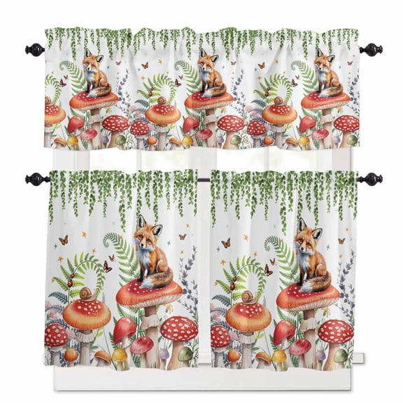 Watercolor Red Mushroom Kitchen Curtains Valances and Tiers Set of 3, 36 Inch Length Tier Curtains and Valance Rod Pocket Valance Curtains Set for Kitchen Bathroom Small Windows